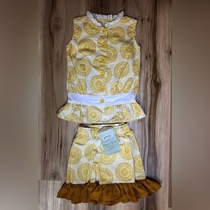 NWOT Persnickety Yellow Sunburst Peplum Top & NWT Ruffle Skirt Set Sz 2 years